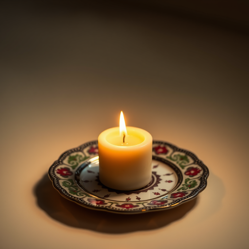 Create an image of a glowing candle on a decorative plate with a warm, soothing light, using a Canon EOS 5D Mark IV, 50mm lens, aperture f/1.8, ISO 200, shot from a 45-degree angle to enhance detail and depth.