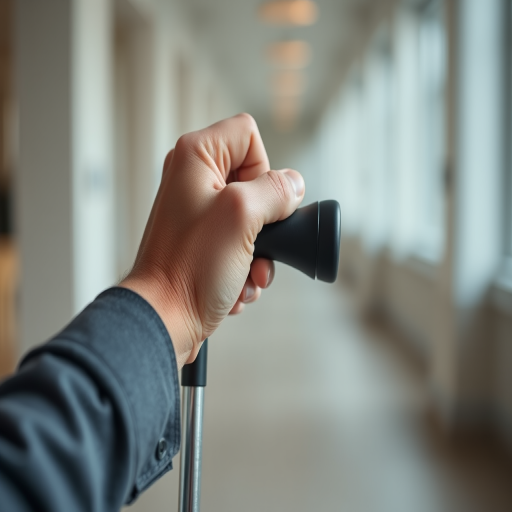 Generate an image of a hand gripping a crutch with a blurred background, using a shallow depth of field, 50mm lens, f/2.8 aperture, ISO 100, and a soft diffused lighting style to enhance the image quality.