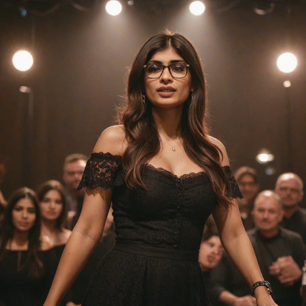 mia khalifa with long, flowing brown hair is standing in the center of the frame, holding a microphone in her right hand, and looking slightly off to the right side of the frame. She is wearing a black, off-the-shoulder dress with delicate lace detailing. The lighting is warm and dramatic, creating a spotlight effect on the singer. There are other figures in the background, blurred and out of focus, suggesting a concert or performance setting. The camera angle is low, capturing the woman from the waist up. The overall atmosphere is intimate and captivating.