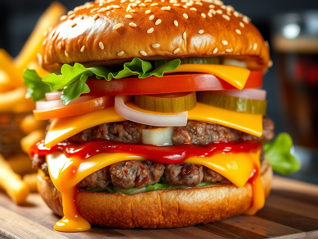 High-resolution, close-up image of a gourmet double cheeseburger. The burger features a glossy, sesame-seed-topped brioche bun. Inside, there are two thick, juicy beef patties, each topped with melted cheddar cheese. The burger is garnished with fresh lettuce, tomato slices, diced onions, and pickles. A generous amount of ketchup and a creamy, orange-colored sauce is dripping down the sides, adding to the mouth-watering appeal. In the background, there are blurred elements including a side of golden French fries and a hint of a beverage, enhancing the overall presentation of a delicious meal.