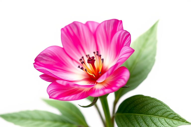 Generate a vibrant illustration of a sole flower with detailed petals and leaves, featuring a spacious white background; camera settings: aperture f/2.8, ISO 100, shutter speed 1/125 sec; camera view: close-up; camera style: macro photography; camera type: DSLR.