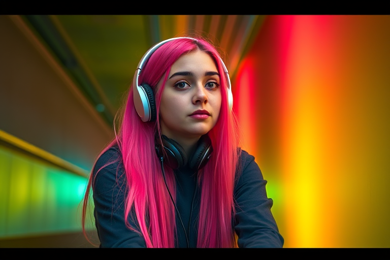 A young woman with long pink hair and headphones sitting casually in a neon-lit hallway, camera settings: f/1.8 aperture, ISO 100, 1/60s shutter speed, camera view: low angle, camera style: vibrant colors with high contrast, camera type: DSLR.