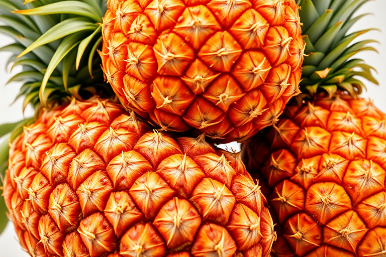 Create a detailed illustration of three ripe pineapples stacked together, using vibrant colors and sharp details, captured with a Canon EOS 5D Mark IV, 50mm lens, f/2.8 aperture, in bright studio lighting to enhance texture and clarity.