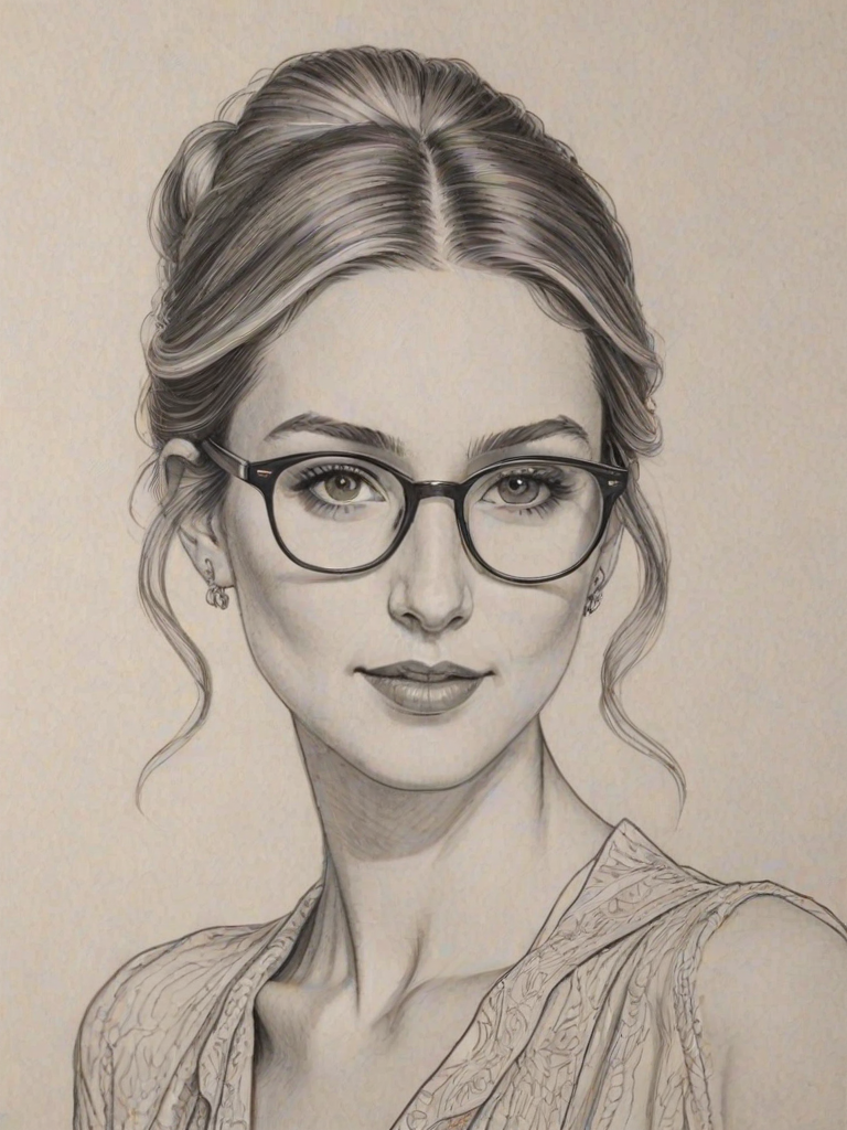 Appealing Whitney Port, pencil sketch, portrait of Ravishing woman 1924s in glasses, hair style beatnik, outline, clear lines, fine lines, 8k