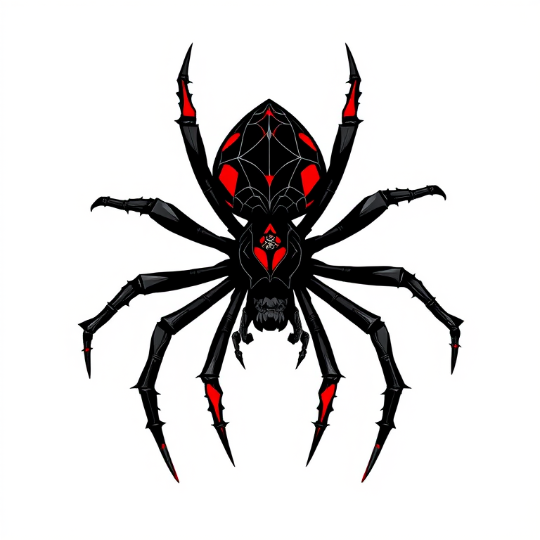 Create a highly detailed digital illustration of a stylized spider with intricate black lines and vibrant red accents, using a Canon EOS R5 camera, 50mm f/1.2 lens, ISO 100, shutter speed 1/200s, ensuring a sharp focus and depth of field to emphasize the spider's features against a clean background.