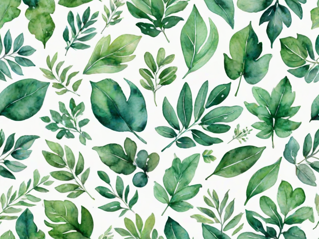 Create a seamless repeating pattern of various green leaves and branches on a white background, featuring watercolor textures and soft, natural tones.
