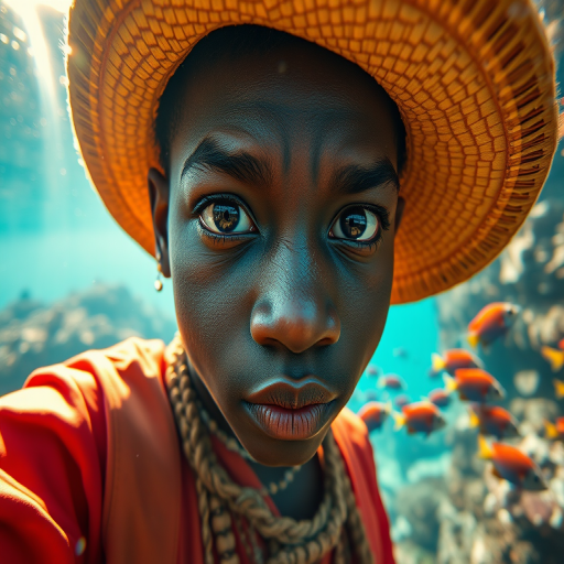 Realistic selfie image of a Zulu, wearing a vintage outfit, detailed dreamy eyes, droopy hooded eyes, staring at the camera, taken underwater at coral reef with a sunbeam filtering through the water, vibrant, summer vacation, natural lighting, turtle and school of tropical fish with vibrant colors, rendered in the style of CryEngine, Pegi Nicol MacLeod, with realistic genre scenes, hauntingly beautiful narratives, ultra-realism, and Thomas Saliot's close-up technique, 8K resolution, crystal clear and sparkling water.