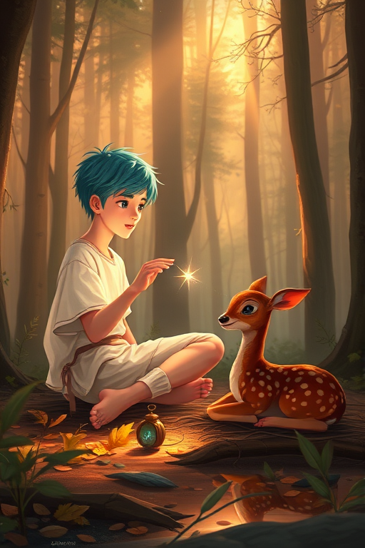 A luminous digital painting of a serene forest scene featuring a barefoot young male, about 7 years old, with cyan hair and fair skin, dressed in a simple white outfit. He sits cross-legged on the forest floor, gazing at a small, glowing, magical firefly in his hand. Beside him, a delicate spotted deer lies calmly on a bed of dried leaves, observing the scene. The dense forest is bathed in warm, golden light filtering through the trees, creating a peaceful, magical atmosphere with a blend of natural and mystical elements.