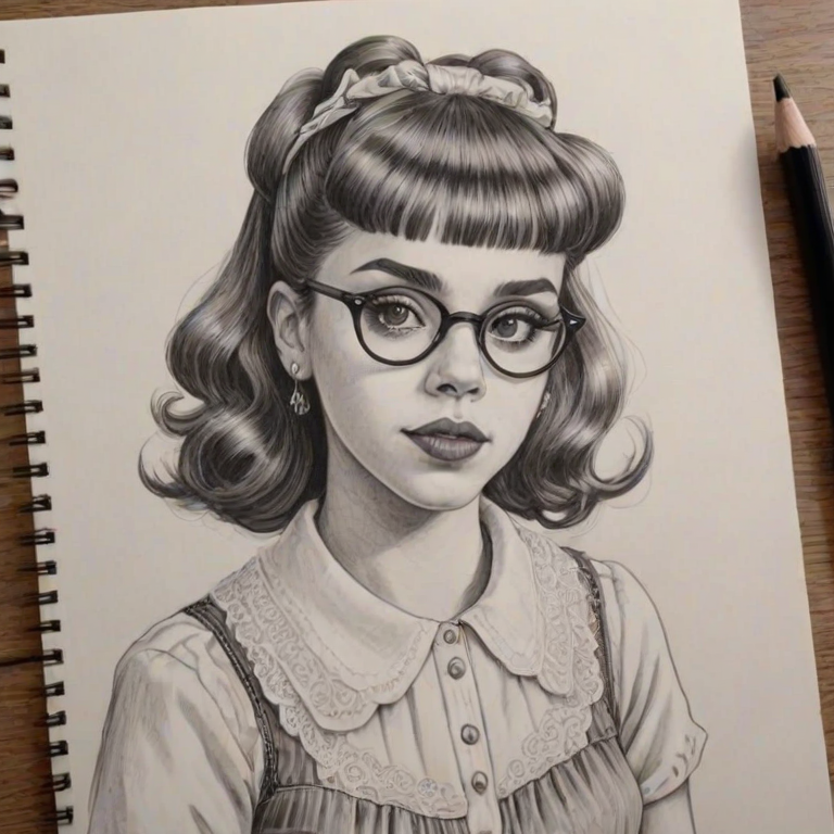 Appealing Melanie Martinez, pencil sketch, portrait of Superb woman 1949s in glasses, hair style beatnik, outline, clear lines, fine lines, 8k