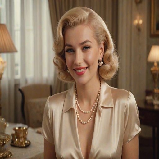 A beautiful woman reminiscent of 1950s Hollywood glamour, with perfectly styled blonde hair and a seductive smile, dressed in a satin blouse and adorned with pearls, soft and warm tones, photorealistic, 8K
