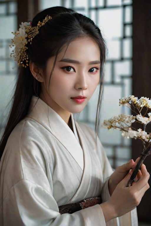 LYF, In a dimly lit, Chinese study filled with antique books and dusty trinkets, the captivating LYF, a woman of striking beauty, poses in an enigmatic manner, her eyes locked onto the viewer's soul.She is wearing white hanfu, Her long,hanfu hairstyle, reflecting the soft glow of a nearby candle, while her brown highlights catch the light and accentuate her facial features. Her long hair is hanfu hairstyle with twigs and flowers, adding to the ethereal and mystical atmosphere. The camera angle is low, giving the viewer an intimate perspective, as if they were standing right in front of her, making it seem as though she is reaching out to them with a sense of alluring invitation.