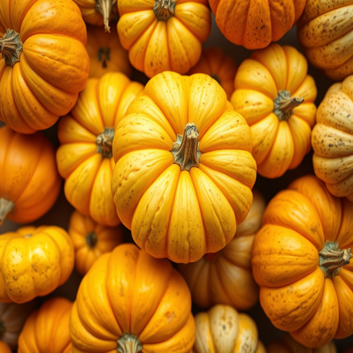 Generate a vibrant still life of assorted yellow striped pumpkins and gourds with a focus on texture and color, using a DSLR camera with a 50mm lens, aperture f/2.8, ISO 200, shot from a top-down view to capture depth and detail.
