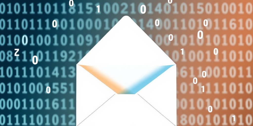 Create an image of a stylized envelope with an open flap, surrounded by floating binary code, using a high-resolution digital camera with a 50mm lens, f/1.8 aperture, ISO 100, and soft natural lighting for a vibrant and clear look.