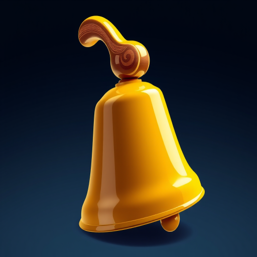 Create a vibrant and detailed illustration of a shiny yellow bell with a wooden handle, using a DSLR camera with an aperture of f/2.8, a shutter speed of 1/125s, in a studio setting with softbox lighting to enhance reflections and textures.