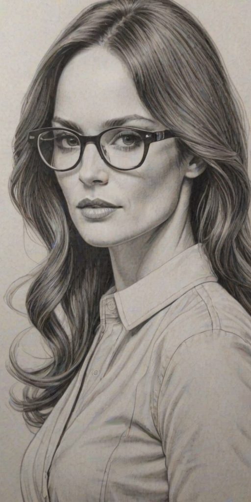Magnificent Sarah Wayne Callies, pencil sketch, portrait of Enticing woman 1971s in glasses, hair style beatnik, outline, clear lines, fine lines, 8k