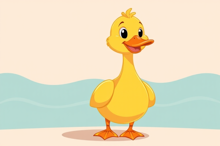 create a playful cartoon-style illustration of a duck standing next to a wavy line representing water with soft, vibrant colors, using a Canon EOS 5D Mark IV with a 24-70mm f/2.8 lens, aperture set to f/8, ISO 100, and a shallow depth of field to enhance image quality.