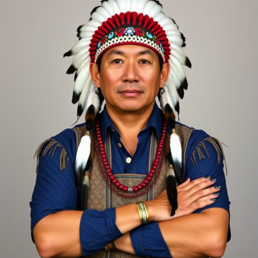 Create a dignified portrait of a Native American man dressed in traditional attire. He wears a beautifully crafted headdress adorned with white feathers and red beads, along with a beaded headband featuring intricate patterns. His clothing includes a deep blue, patterned shirt and a traditional chest piece with detailed beadwork. His arms are crossed, displaying leather armbands decorated with feathers. The background is simple and neutral, emphasizing his proud and stoic expression. The overall image captures the rich cultural heritage and strength of his persona.