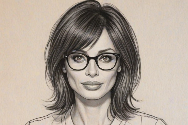 Magnificent Natalie Imbruglia, pencil sketch, portrait of Superb woman 1967s in glasses, hair style beatnik, outline, clear lines, fine lines, 8k