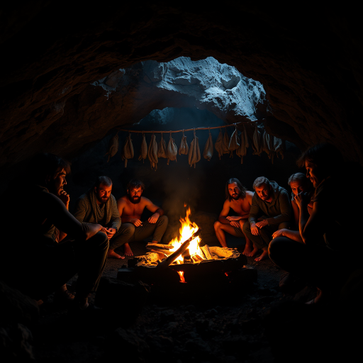 A dimly lit cave scene depicting a group of rugged individuals gathered around a flickering campfire, shadows dancing on the rocky walls, with hanging skins in the background, taken with a Canon EOS R5, 24mm lens, f/2.8, ISO 800, 1/60 sec, in a low-angle shot for dramatic effect, achieving a cinematic and atmospheric quality.