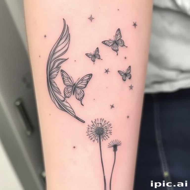 Sketch-style tattoo named "Ephemeral Dreams" featuring delicate pencil-like strokes creating a whimsical scene of floating feathers butterflies and dandelion seeds with subtle shading and crosshatching techniques