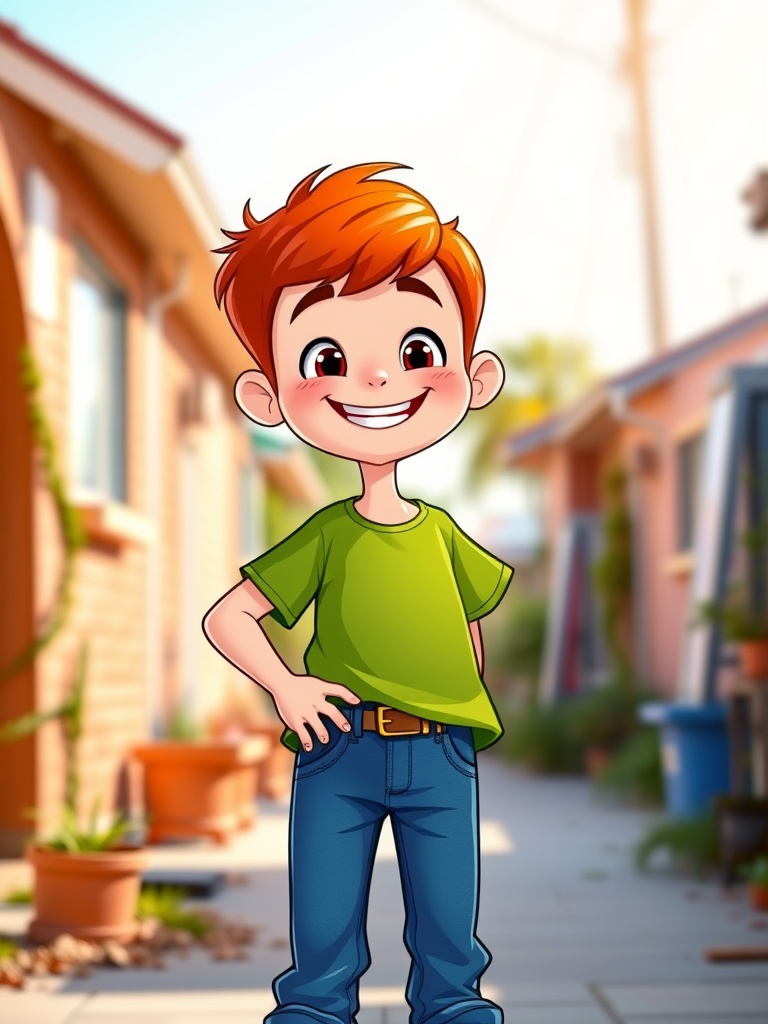 Create a bright and colorful cartoon image of a cheerful boy with short red hair, wearing a green shirt and blue jeans, standing with one hand on his hip and pointing forward, using a 50mm lens at f/2.8, natural lighting, and a cartoon style.