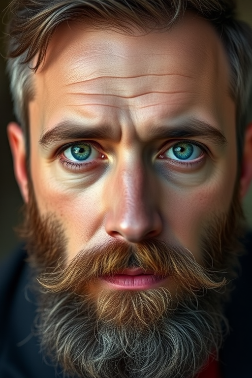 Create a high-resolution portrait of a bearded man with expressive eyes, using a DSLR camera at f/2.8 aperture, 50mm focal length, and ISO 100, with a shallow depth of field and soft natural lighting.