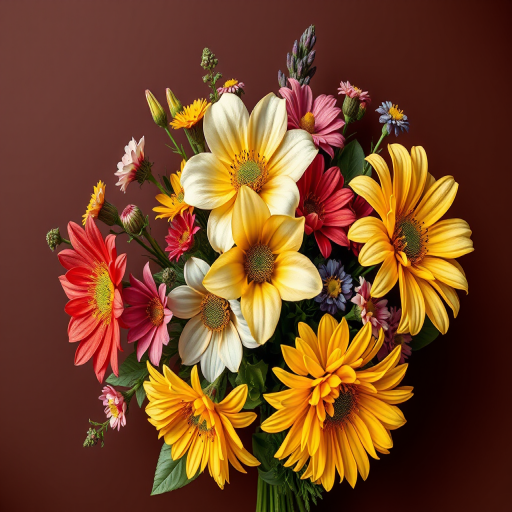 Floral bouquet illustration with vibrant colors on a dark brown background, shot with a DSLR camera at f/2.8, ISO 100, 50mm lens, top-down view, using a macro style for enhanced detail and clarity.