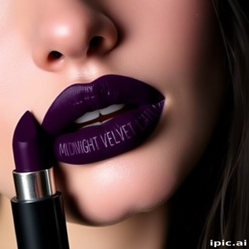 Mysterious "Midnight Velvet" matte lipstick creates an alluring deep purple shade on perfectly lined lips, ideal for dramatic evening looks and mysterious encounters