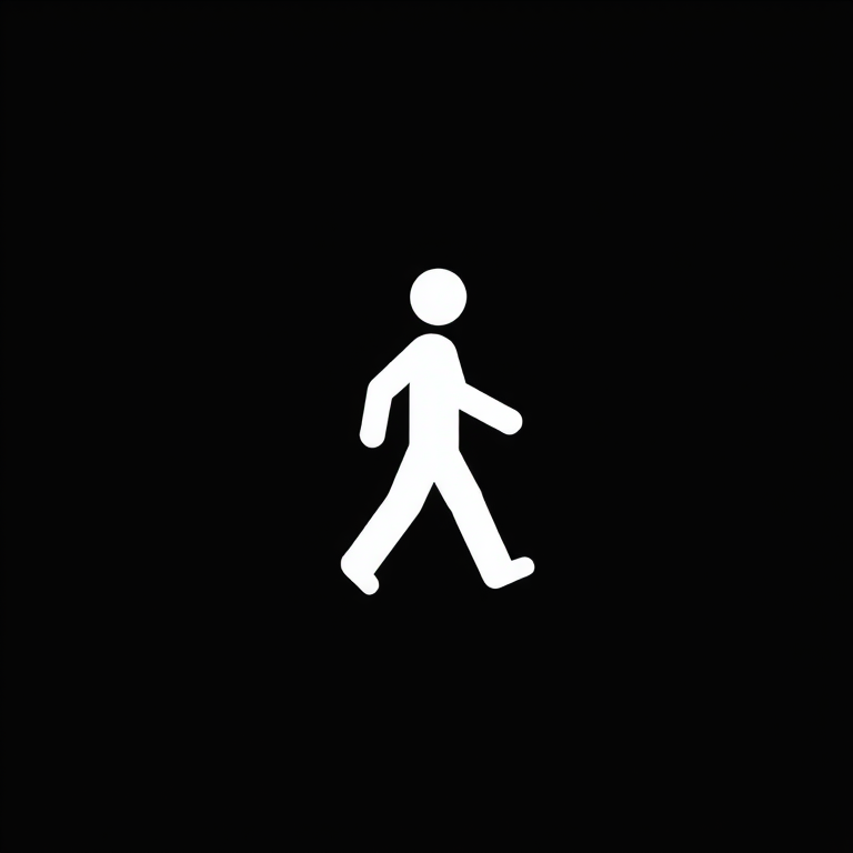 Create a high-quality vector style walking figure icon on a black background, camera settings: ISO 100, aperture f/8, shutter speed 1/60, camera view: front view, camera style: minimalistic design, camera type: digital graphic design software.