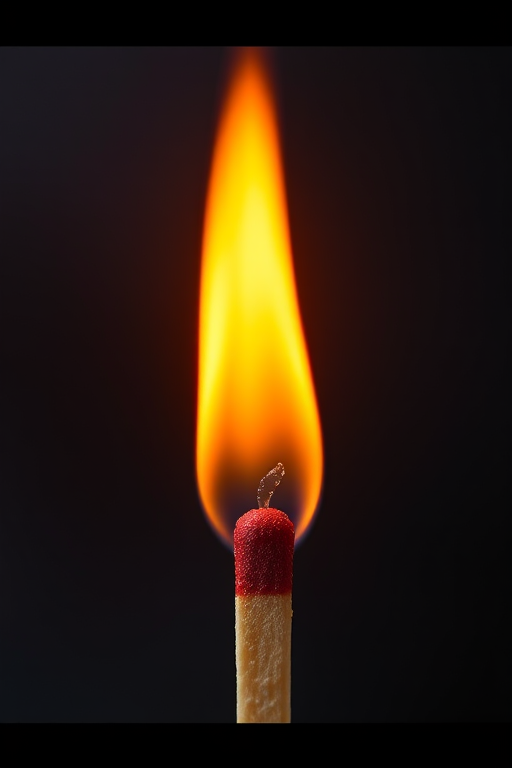 Create a hyper-realistic image of a lit matchstick with vibrant flames, captured with a DSLR camera at f/2.8 aperture, ISO 100, 1/200 sec shutter speed, shot from a close-up perspective with a shallow depth of field for enhanced detail and clarity.