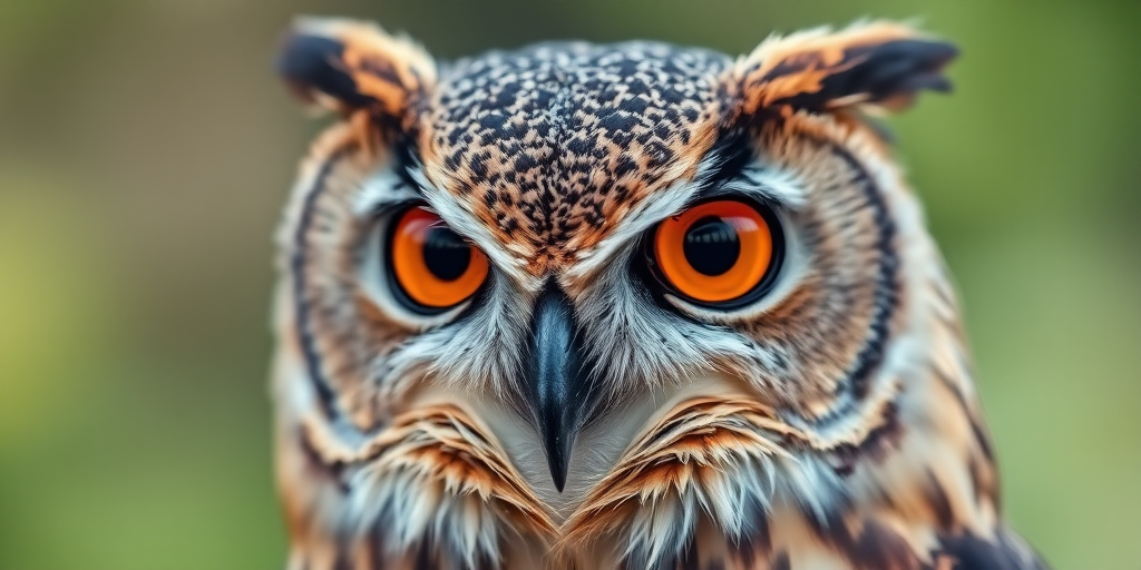 Regenerate a high-resolution close-up of an owl with vibrant orange eyes, shot with a 50mm lens at f/1.8, ISO 100, shutter speed 1/200s, using a DSLR camera, in natural light, with a shallow depth of field to create a soft background blur.