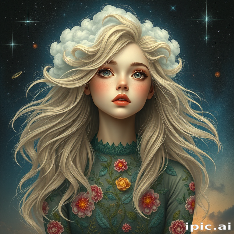 Create a series of imaginative portraits where each subject is infused with elements of fantasy and nature. The hair of the individuals should flow like clouds, varying from soft, fluffy cumulus to wispy cirrus strands, with hints of color reflecting a sunset or a clear blue sky. The eyes should be windows to entire galaxies, with stars, nebulae, and distant planets visible within them. Clothing should be adorned with nature motifs, such as floral patterns that bloom and change, vines that seem to grow and wrap around, or feathers that shimmer with iridescence. Each portrait should capture a unique personality, blending human features with the ethereal beauty of the natural and cosmic world. The backgrounds can vary, from starry night skies to enchanted forests, adding depth and context to the magical realism of the portraits