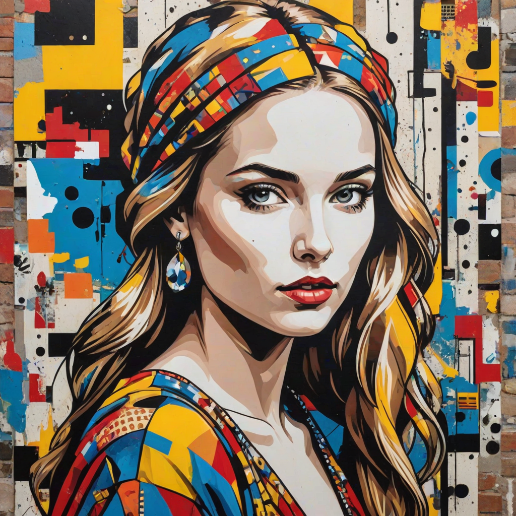 A vibrant artwork blending bohemian style with edgy street art, featuring a young Swedish woman. The design mixes vibrant colors with the modern Disney-inspired style, echoing Roy Lichtenstein's pop art. The overall mood is optimistic and trendy, with elements of Johannes Vermeer’s classic elegance, combined with the geometric abstraction of crystal cubism. add Stockholm silhouette