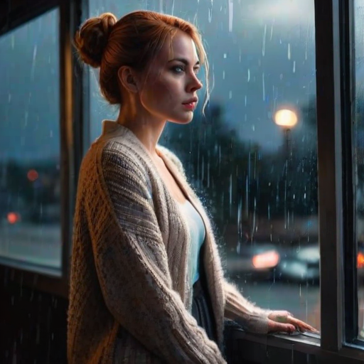 a beautiful cinematic sexy female,Chignon,Strawberry blond,dressed in a cardigan sweater over a sleeveless dress with gloves and pumps,A woman with a haunting gaze stares out a rain-streaked window, her reflection distorted in the glass, hinting at hidden secrets.,epic Detailed illustration vibrant extremely hyper aesthetic,Iphone X,Moonlit