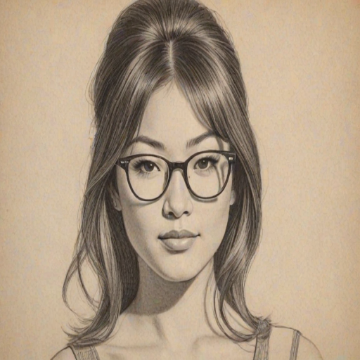 Enticing Jenna Ushkowitz, pencil sketch, portrait of Sublime woman 1960s in glasses, hair style beatnik, outline, clear lines, fine lines, 8k