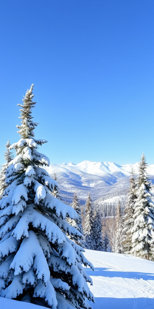 Snow-covered landscape with trees in the foreground and mountains in the background under a clear blue sky, captured with a DSLR camera at f/11, ISO 100, 1/250 sec, using a wide-angle lens for depth and sharpness.