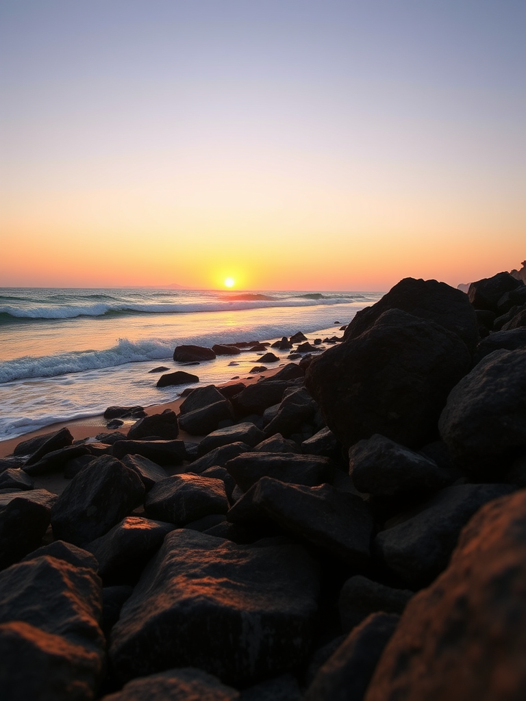 sunset over the beach with rocks in the foreground, DSLR camera, 24mm lens, f/11 aperture, ISO 100, golden hour lighting, low angle view, vibrant colors