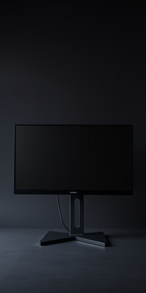 A modern black widescreen monitor against a minimalistic dark background, taken with a DSLR camera at f/4, 50mm lens, ISO 100, 1/125s shutter speed, in a studio setting with soft diffused lighting for enhanced clarity and depth.