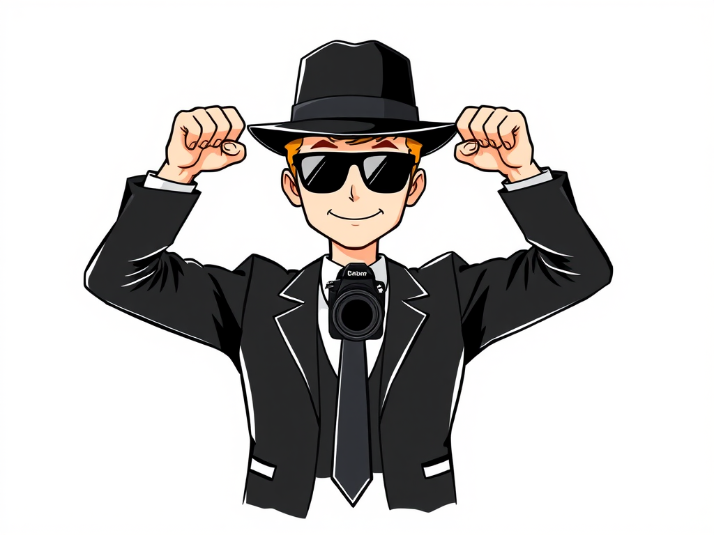 Regenerate an illustration of a figure wearing a hat and sunglasses in a black suit with a tie, standing confidently with fists raised, using a DSLR camera at f/2.8 aperture, ISO 100, 50mm lens, with high contrast and sharp focus to enhance details and colors.