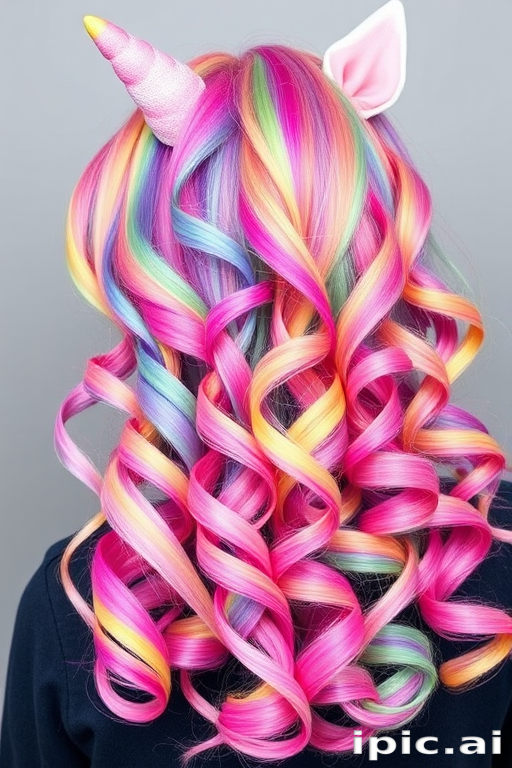 Vibrant rainbow unicorn hair featuring an array of pastel hues blended seamlessly, styled in bouncy spiral curls for a whimsical and playful appearance