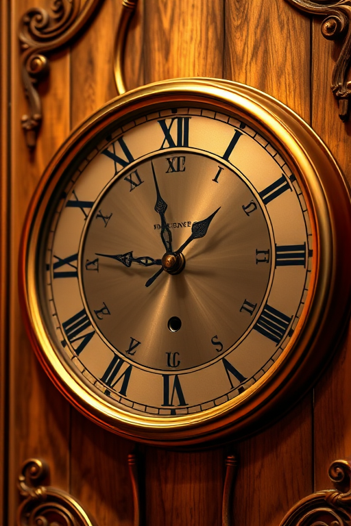 Create a hyper-realistic image of a classic round wall clock showing 2:00, featuring elegant bronze tones, high resolution of 300 DPI, taken with a Canon EOS R5 at f/2.8, ISO 100, in a well-lit environment, using a macro lens to capture intricate details.