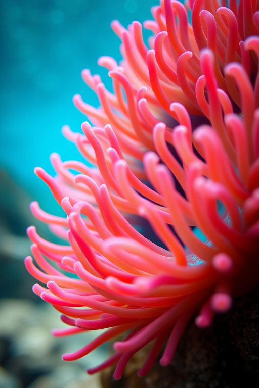 Regenerate a vibrant underwater scene featuring a large, colorful anemone with pink, orange, and blue tentacles in focus, captured with a Canon EOS R5, 50mm f/1.8 lens, ISO 200, f/2.8, shot at a shallow depth of field to enhance bokeh, natural lighting highlighting details of the anemone, with a clear blue water background.
