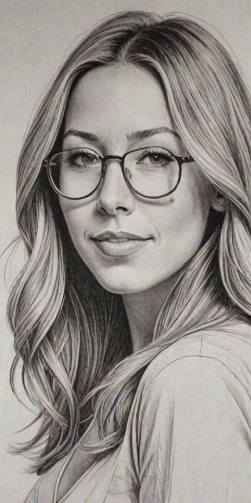 Delightful Colbie Caillat, pencil sketch, portrait of Fascinating woman 1977s in glasses, hair style beatnik, outline, clear lines, fine lines, 8k