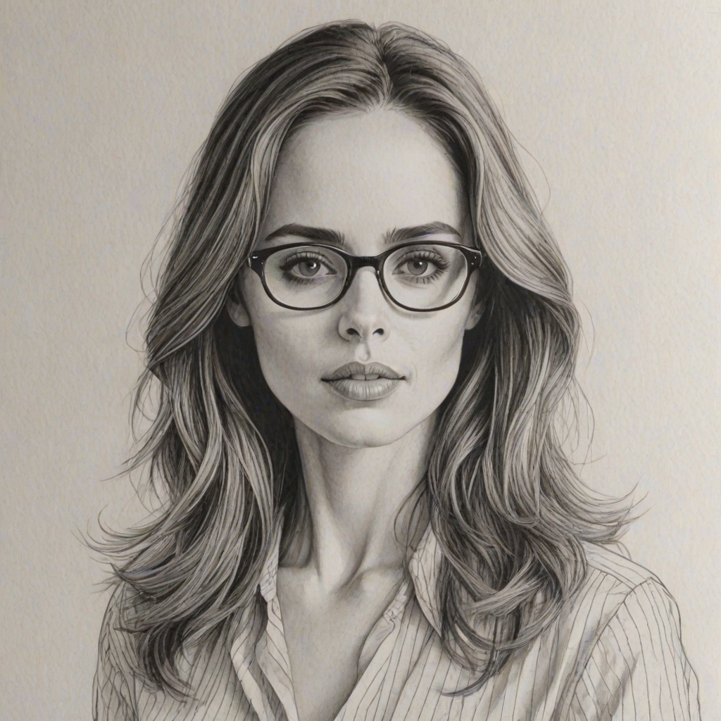 Wonderful Eliza Dushku, pencil sketch, portrait of Wonderful woman 1977s in glasses, hair style beatnik, outline, clear lines, fine lines, 8k