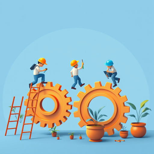 Generate a vector illustration of three stylized characters working on large gears in a minimalistic blue background, include a ladder, plants, and a pot, with a soft focus effect, camera settings: f/4, ISO 100, 50mm lens, shot from a high angle for depth and clarity.