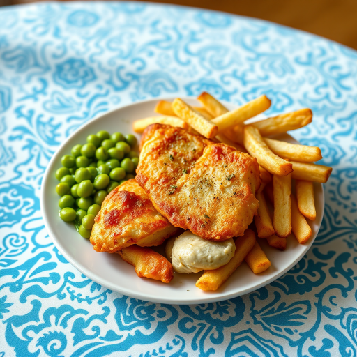 Generate a high-quality image of a plate of fish and chips with a side of green mushy peas on a textured blue and white patterned tablecloth using a DSLR camera with a 50mm lens, aperture set to f/1.8, ISO 200, and natural lighting for a vibrant look.