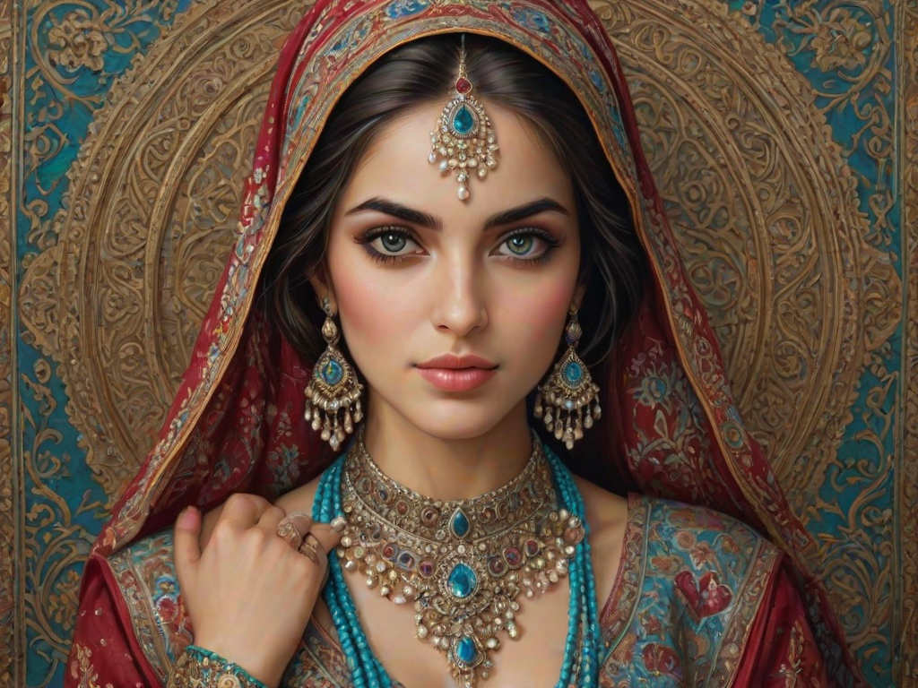 Create a portrait of a beautiful Persian woman with striking cyan eyes and a gentle expression. She is adorned in traditional attire with intricate patterns, including a richly embroidered headscarf and matching garments. Her jewelry includes a delicate headpiece, dangling earrings, and ornate bracelets, all featuring vibrant gemstones and detailed metalwork. The background is soft and warm, enhancing the rich colors of her outfit and jewelry.