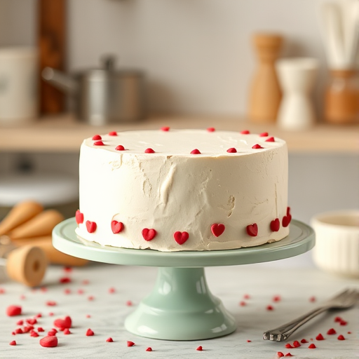 Create an image of a round white cake decorated with small red heart sprinkles on the sides placed on a light green cake stand with a blurred kitchen background and some baking utensils nearby.