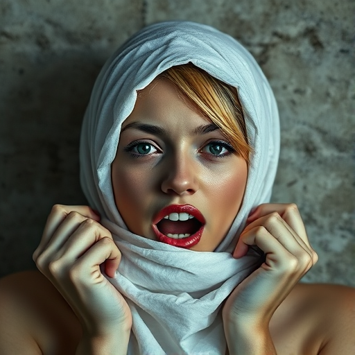 Create a close-up photographic image of a Eurasian woman with light skin tones shown against an old, worn wall. Their head is wrapped in a white cloth covering (i.e.... parts of the head except the nose and mouth, which are open as if they are screaming...), with a slight texture and visible folds in the fabric. Thin strands of blonde hair escape from the wrapping above, falling lightly at the top and sides. Their hands hold the fabric as if they are tugging nervously. The lighting is dramatic and even, casting strong shadows. The image has a minimalist and surreal style with an emphasis on simplicity with soft color tones. The composition is centered.