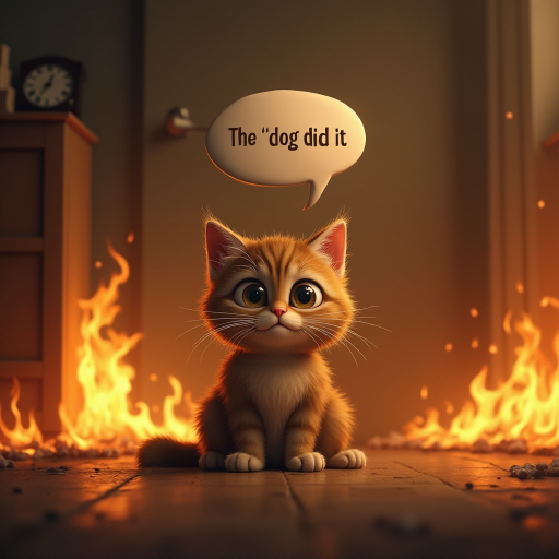 Photorealistic image of an innocent-looking cat sitting calmly in the middle of a burning room. Flames engulf the room, with fire licking up the walls and smoke filling the air. The cat is sitting on the floor, looking directly at the viewer with wide, innocent eyes. Above the cat, a speech bubble says "The dog did it". The contrast between the cat's calm demeanor and the chaos around it creates a humorous and surreal scene.